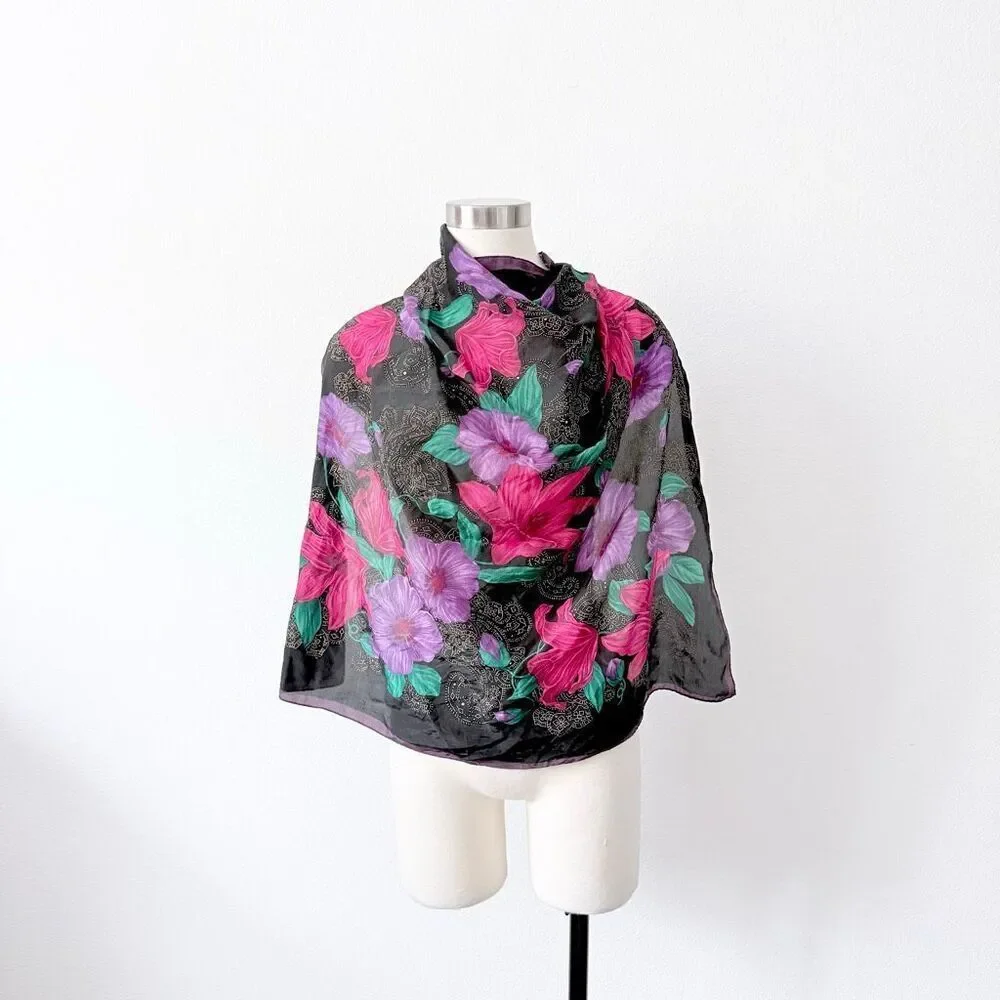Vintage VTG The Specialty House Black Floral  Square Scarf Silk Mandala